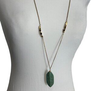 Gold Tone Faux Turquoise Green Pendant Necklace Tunic Length Chain 34" Long